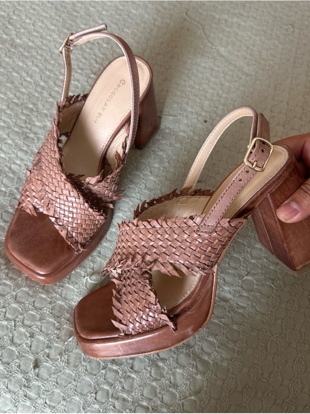 CHOCOLAT BLU Woven Leather Block Heel Sandals in Brown